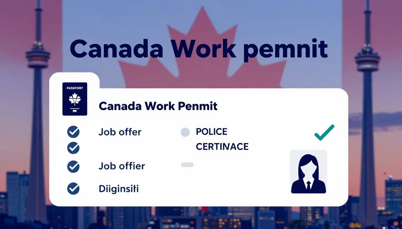 Documents Required for Canada Work Permit: IRCC Checklist 2 Professional infographic-style checklist featuring icons of passport, job offer letter, police certificate, and digital photo with checkmarks for Canada work permit requirements. Subtle background with Canadian maple leaves and Toronto skyline at dusk in blue and red flag-inspired colors.