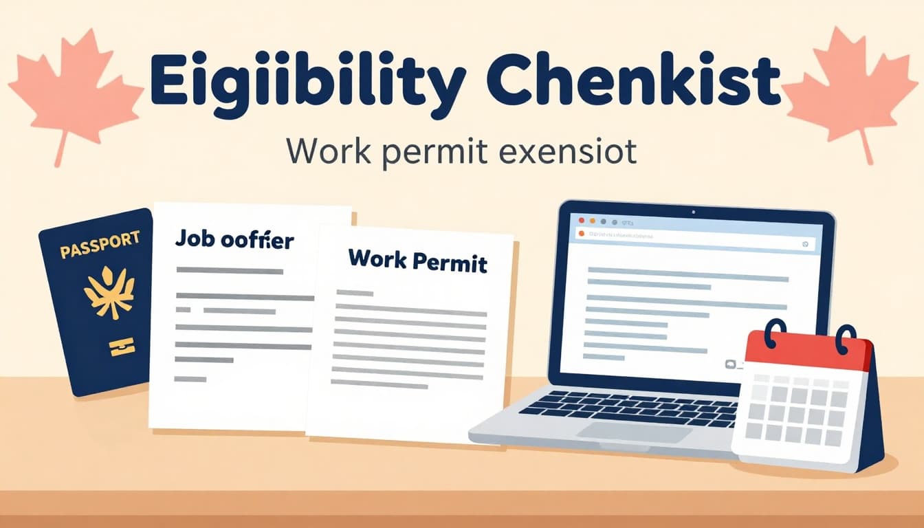 Illustrative visual representation of an eligibility checklist for work permit extension, featuring detailed icons of passport, job offer letter, current work permit, laptop for online application, and calendar for deadlines, neatly arranged on a table with subtle Canadian maple leaf background elements.