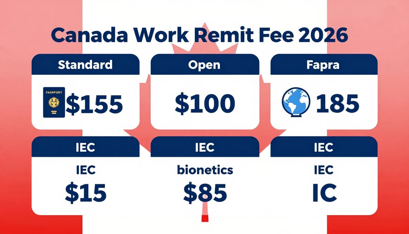 Work Permit Canada Fee | Costs, IEC, Biometrics & Tips 2 A professional infographic chart illustrating 2026 Canada work permit fees including standard ($155), open ($100 extra), IEC ($185 approx), and biometrics ($85), featuring icons like passport, family, globe on a blue-white background with subtle Canadian flag elements.