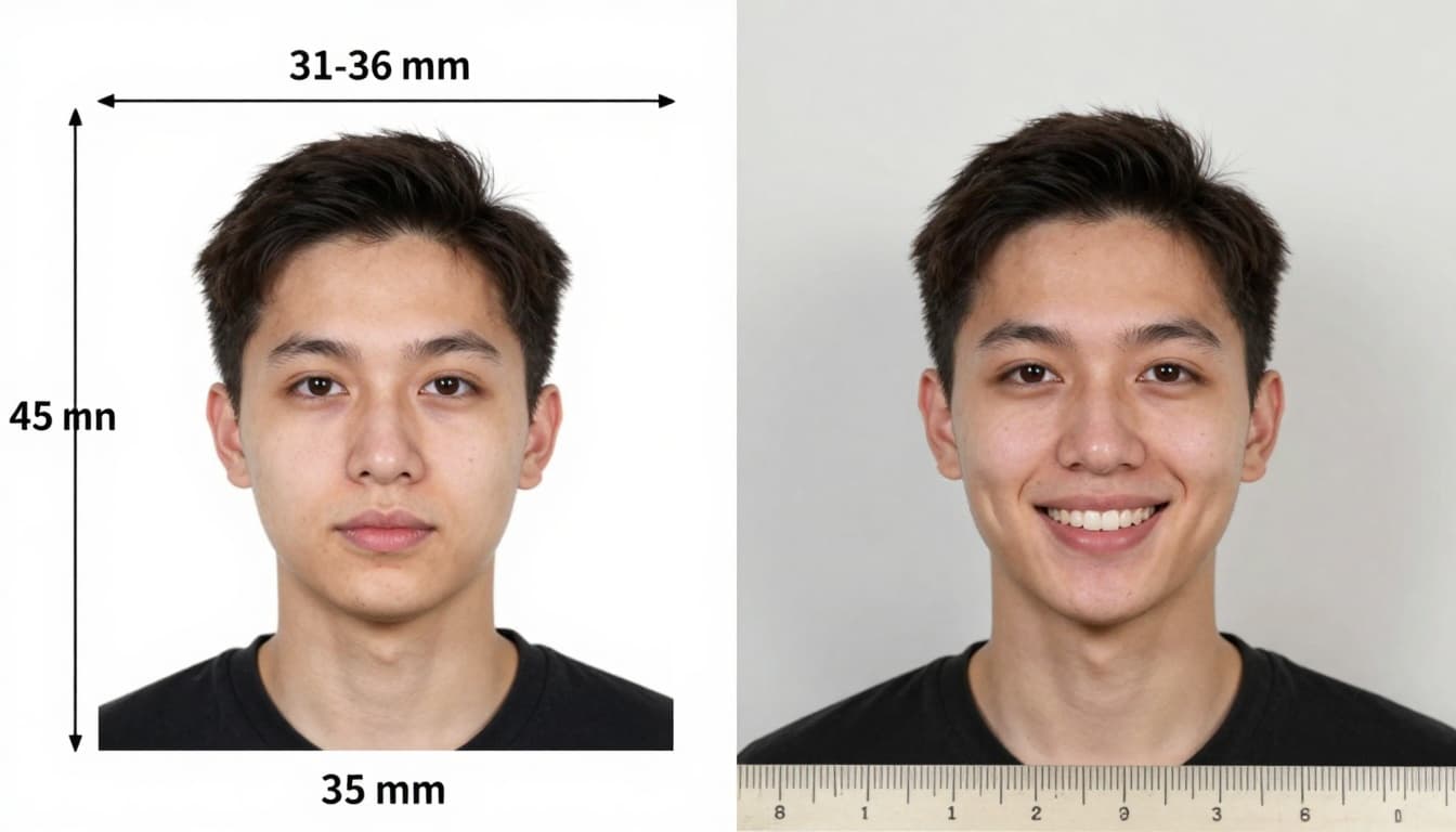 Side-by-side comparison showing a correct Canada work permit photo on the left with proper head size (31-36 mm), dimensions (35x45 mm), neutral expression, white background, and even lighting, versus an incorrect one on the right with too-small head, colored background, shadows, and smiling face. Realistic professional style with visual measurement annotations.