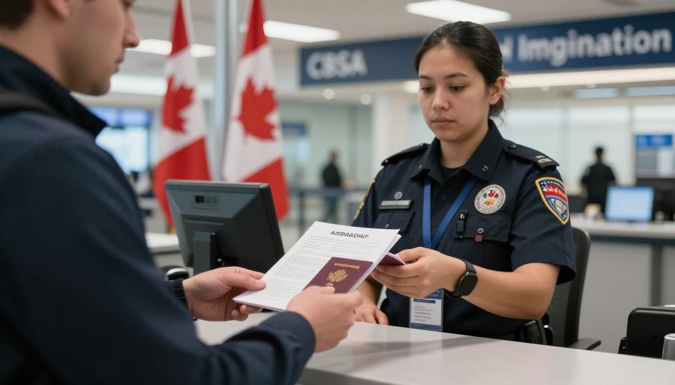 Temporary Resident Permit Guide: 2-6 Months Border Fast 5 A detailed realistic scene of a person at a Canadian airport border control counter handing over passport and documents to a CBSA officer, with Canadian flags and immigration signs in the background, professional tense atmosphere.