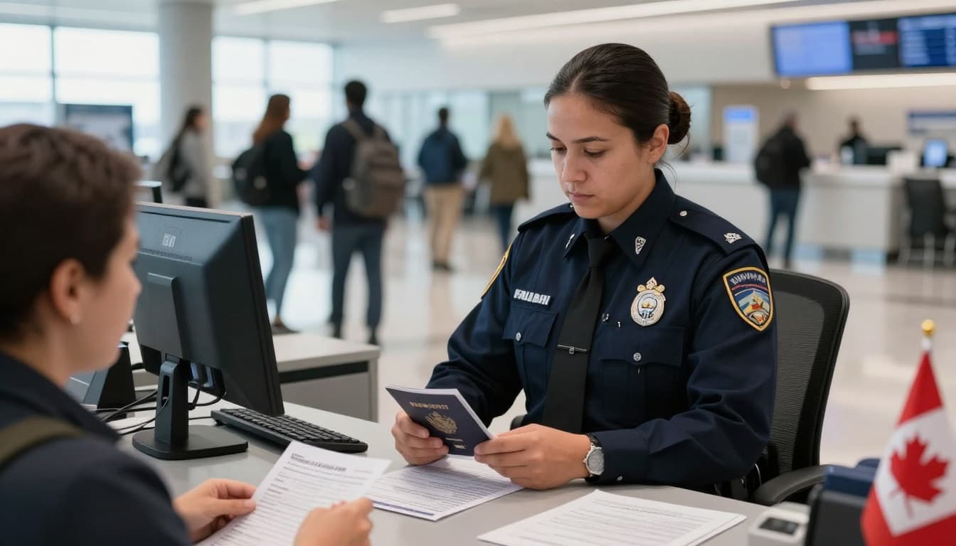 A Canadian Border Services Agency officer in uniform examines a traveler's passport and documents at an airport immigration counter, with computer screens and Canadian flags in the background.