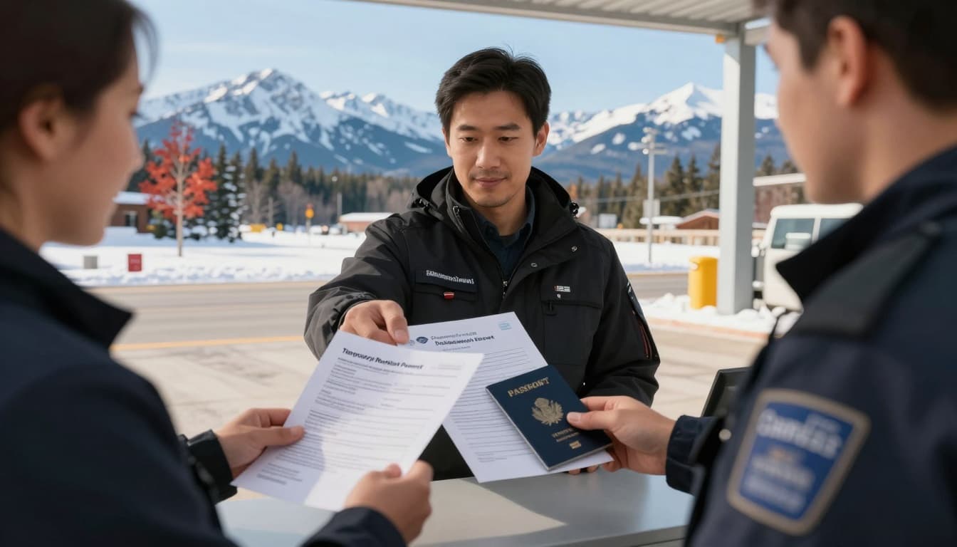 A person hands passport, application forms, and fee receipt to a border officer at a Canadian crossing booth. Snowy landscape with maple trees and Rocky Mountains in the background under a clear blue sky, in realistic style with warm late afternoon lighting.