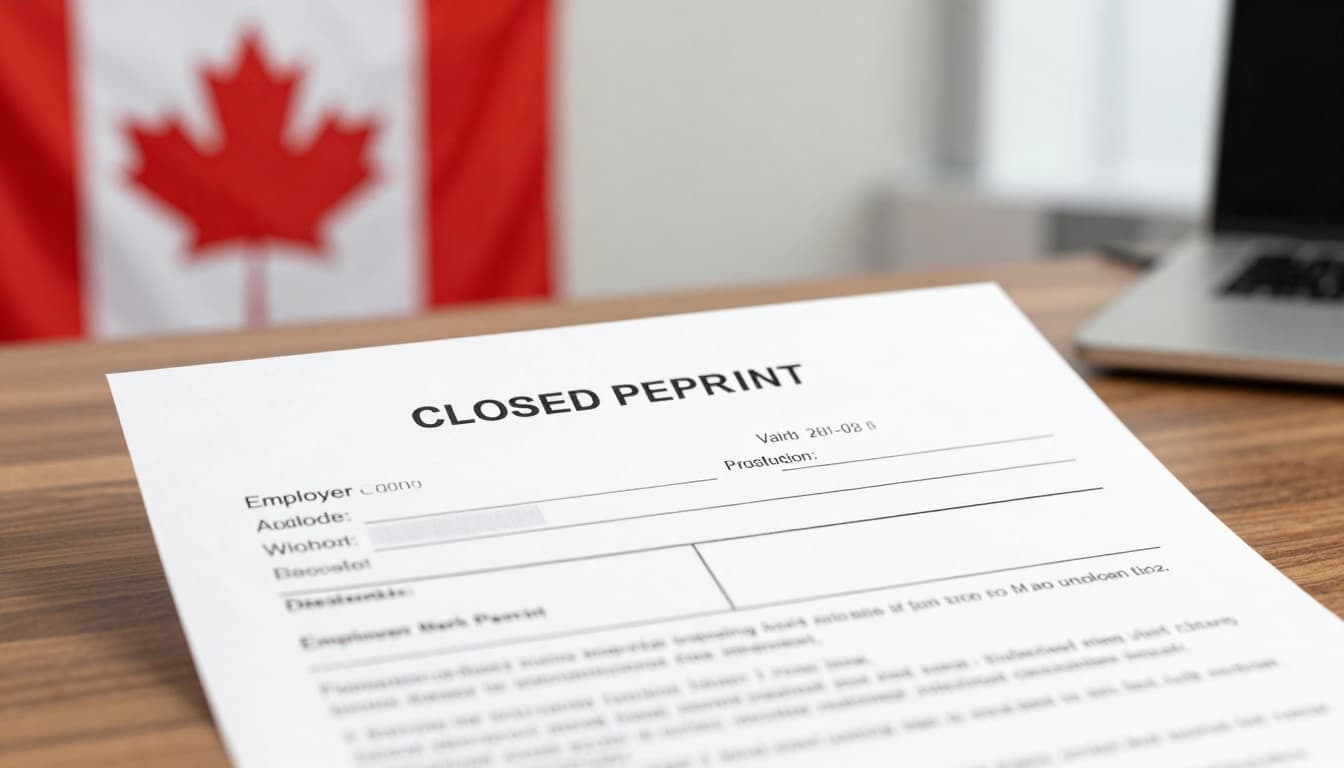 Closed Work Permit Canada Guide: Who Qualifies, How to Apply 2 Realistic photorealistic image of a Canadian closed work permit document laid on a wooden desk with blurred details for privacy, featuring a softly focused Canadian flag and maple leaf in the professional office background under natural daylight.