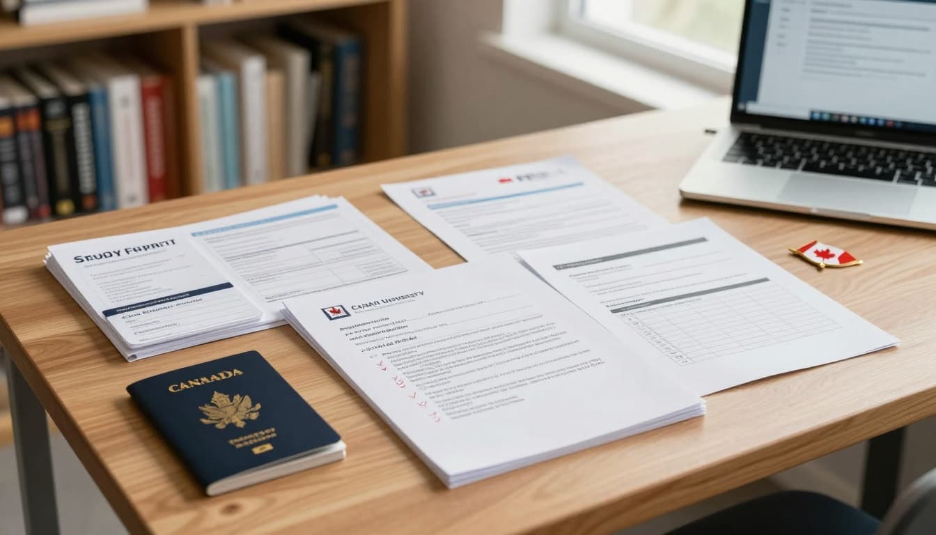 Detailed photorealistic image of a wooden student's desk in a cozy study room, featuring organized stack of Canadian immigration documents like passport, study permit, enrollment letter, bank statements, transcripts, and checklist.