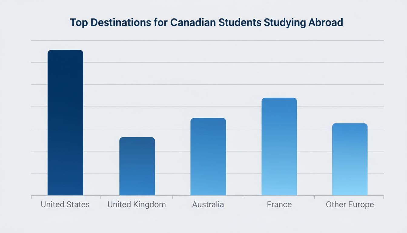 Professional infographic bar chart illustrating top destinations for Canadian students studying abroad, with United States as the tallest bar, followed by United Kingdom, Australia, France, and Other Europe. Features gradient blue bars, light gray background, subtle grid lines, and modern flat design.