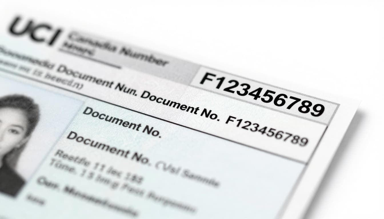 Realistic close-up of a sample Canadian study permit paper document, focusing on the top right corner Document No. (e.g., F123456789) with UCI nearby. Official IRCC style with blurred personal info, logo, high-detail scan appearance on white background.