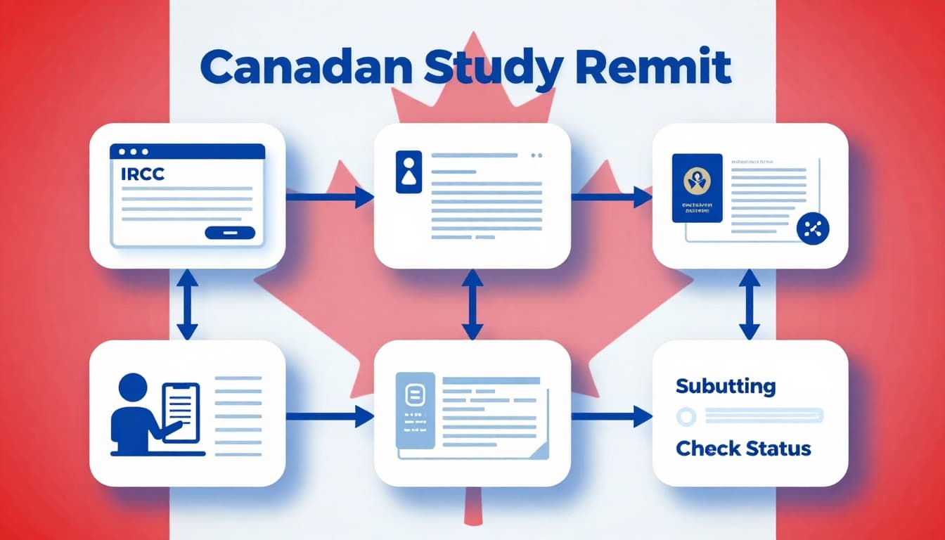 Detailed vector infographic flowchart illustrating the online process for renewing a Canadian study permit, including IRCC login, questionnaire, document upload, payment, submission, and status check with Canadian flag elements.