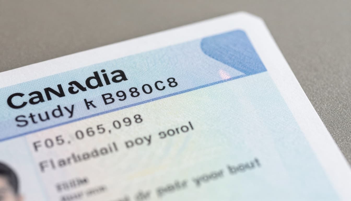 Document Number of Study Permit Canada: Use It for Extension 2 A realistic close-up photograph of the top right corner of a Canadian study permit document on paper, showcasing official government design with security features like holograms and fine print, and a blurred alphanumeric document number starting with F for privacy.