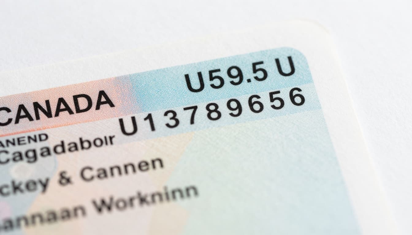 A realistic close-up view of a sample Canadian work permit, highlighting the top right corner with the document number starting with U followed by nine digits, paper texture, official borders, and blurred personal info.
