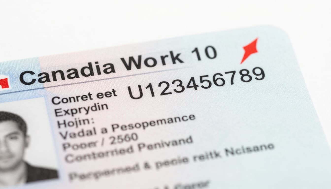 Work Permit Canada Document Number | Locate, Format & Use 2 Photorealistic close-up of a sample Canadian work permit in landscape orientation, highlighting the top right corner with a red arrow pointing to the 10-character document number, including photo placeholder, expiry date, and official government styling on a white background.