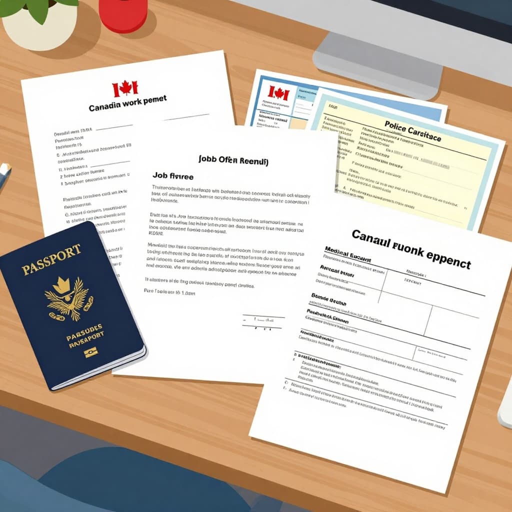 Infographic-style top-down illustration of key documents for Canadian work permit application spread on a wooden desk, including passport, job offer letter, LMIA, police certificate, bank statements, medical exam form, and application forms.