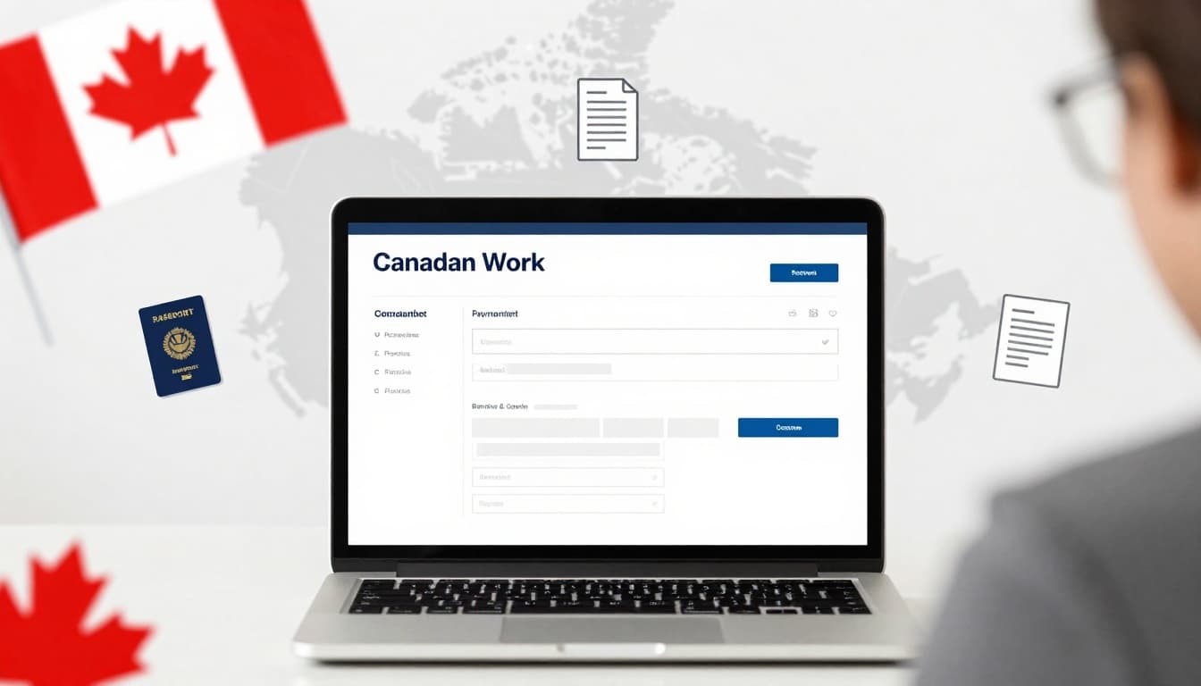 Open Work Permit Canada Guide: Eligibility, How to Apply 3 Step-by-step infographic guide depicting a person applying for a Canadian work permit online on a laptop, with icons for passport, forms, payment, and biometrics, surrounded by Canadian flag and maple leaf elements in a clean, modern style.