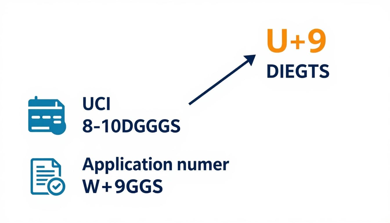 Illustrative diagram comparing document number (U+9 digits top right), UCI (8-10 digits), and application number (W+9 digits) on a Canadian work permit. Clean infographic with labels, simple icons, bright colors, white background for educational clarity.