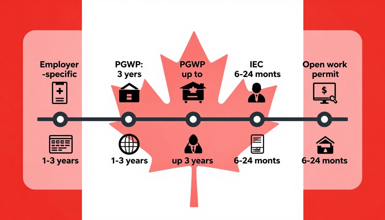 Clean infographic timeline displaying typical durations for Canadian work permits including employer-specific (1-3 years), PGWP (up to 3 years), open work permits (1-3 years), and IEC (6-24 months), with icons and Canadian flag background in modern flat design.