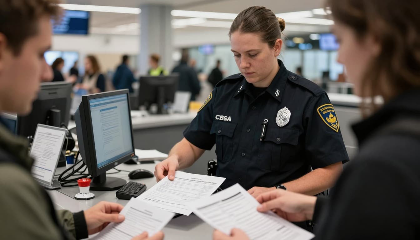 A professional Canadian Border Services Agency officer at an airport immigration counter examines a nervous traveler's passport and documents with focus.