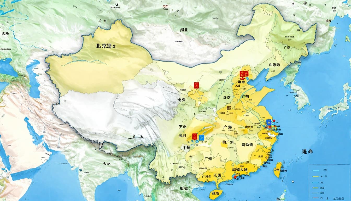 Detailed landscape map of China highlighting major cities and regions eligible for 144-hour visa-free transit, including Beijing, Shanghai, Guangzhou, Shenzhen, and others, with passport icons, airports, and borders in realistic cartographic style.