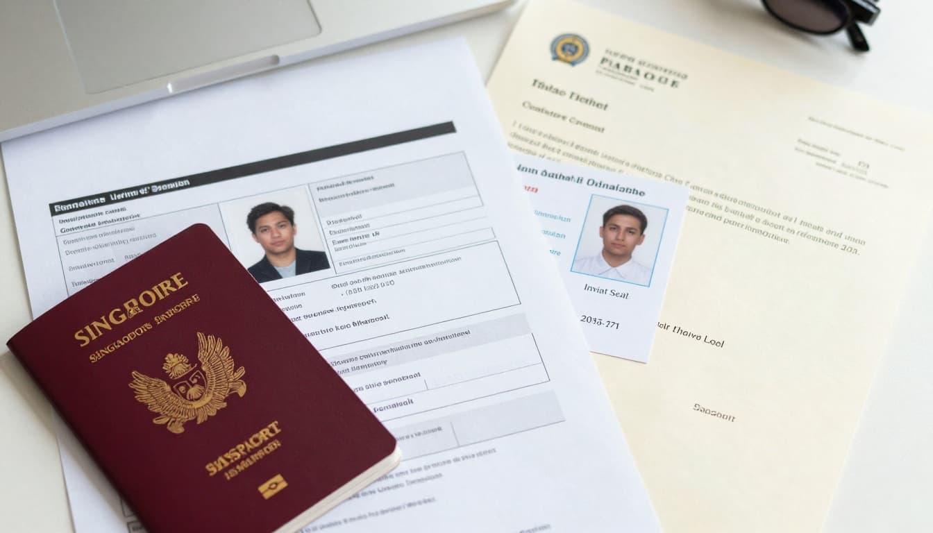 Visa to China from Singapore Guide - 30 Days Visa-Free 3 Detailed top-down view of neatly arranged China visa application documents on a desk, including Singapore passport, application form, passport photo, flight itinerary, and invitation letter, in realistic style with soft office lighting.