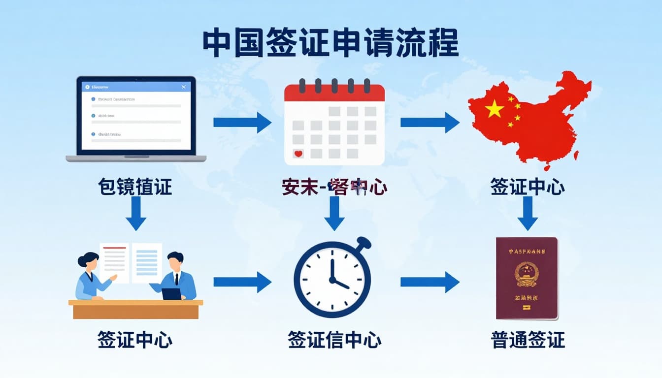 A detailed flowchart illustrating the China visa application process from online form filling and appointment booking to document submission, waiting, and passport collection. Modern flat design in blue and red Chinese flag colors with subtle China and UK map elements for an informative and easy-to-follow guide.