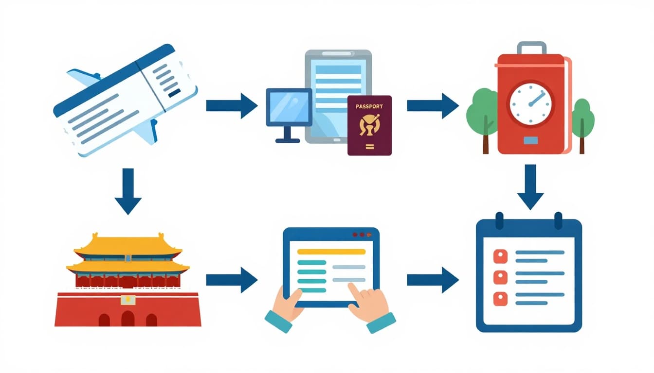 Step-by-step icons depicting the travel process to China: airplane ticket, passport check at airport, visa-free customs, and hotel booking confirmation, with Forbidden City background in vibrant vector art.