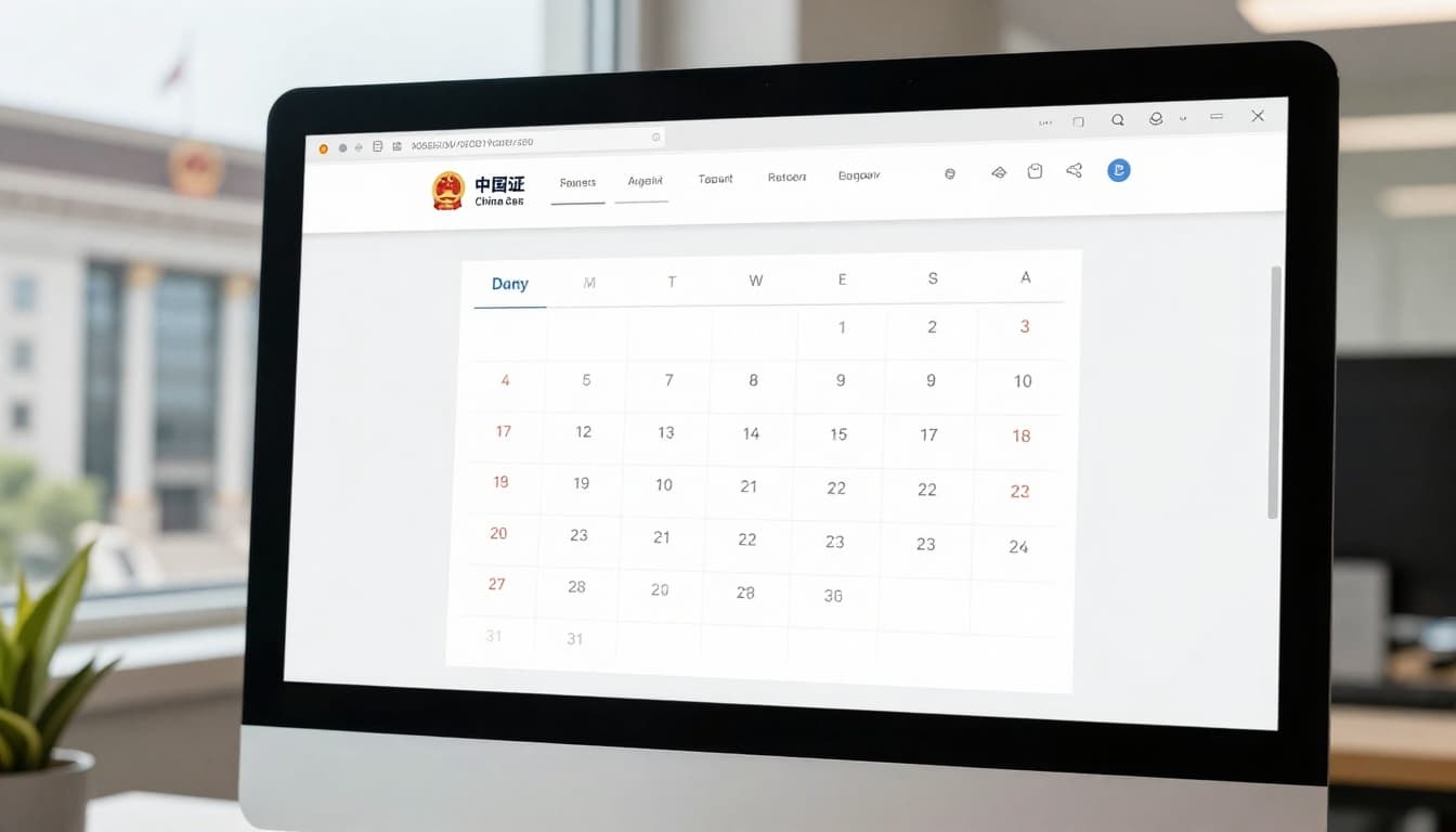 China Visa Application Online Appointment: Step-by-Step 2 A modern computer screen displays the China visa online appointment booking interface, featuring a calendar for date selection and application form fields in the background. The Chinese embassy building is visible through a window in a professional office setting with bright natural lighting.
