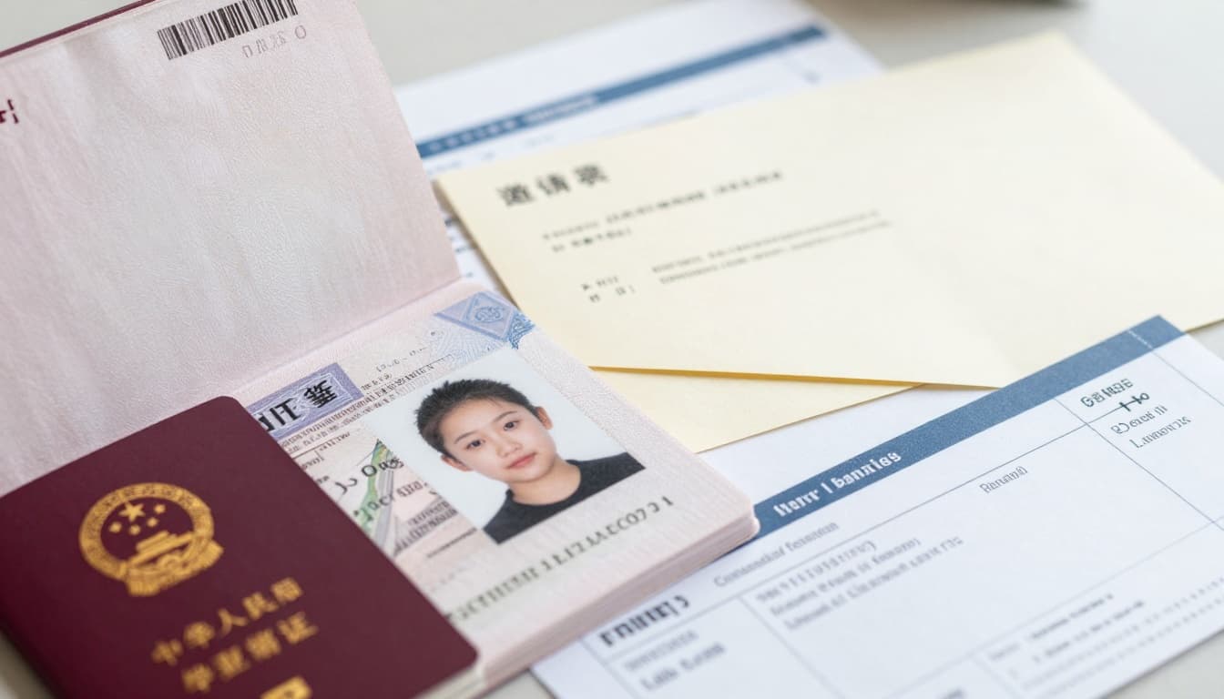 Close-up of essential documents for China visa application: open passport, printed form with barcode, passport photo, invitation letter, flight tickets, and hotel bookings neatly arranged on a table.