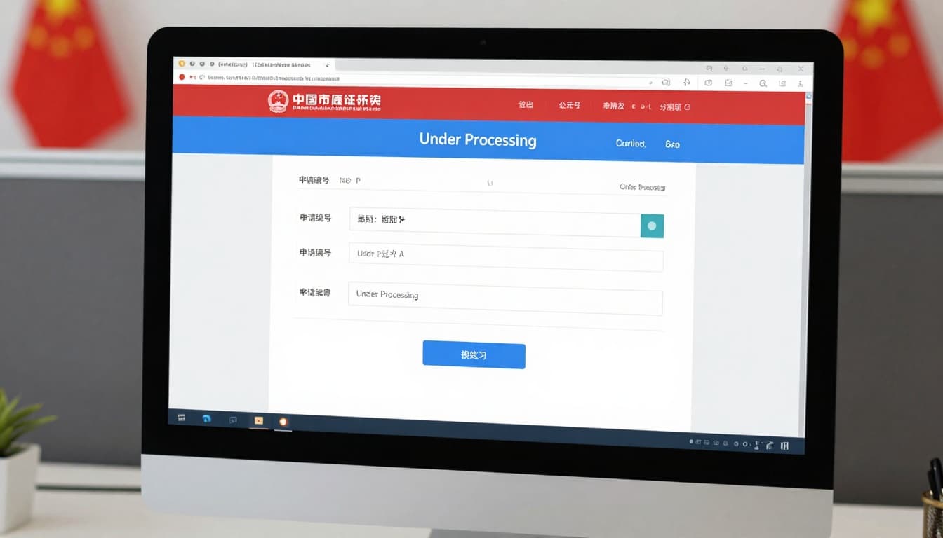 China Visa Application Status Check Online Guide (2026) 2 A modern computer screen displays the official China visa application status check webpage with application number and passport number fields filled in, showing 'Under Processing' status, set on a clean office desk with Chinese flag elements.