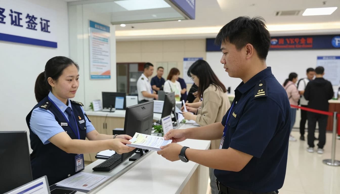 Chinese applicant submitting Austria visa documents at a visa application counter in China