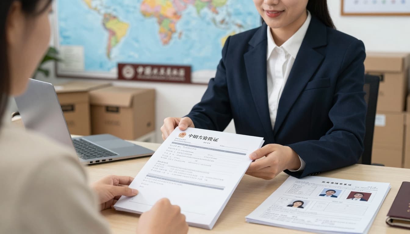Professional office scene with a visa agent helping a traveler with Chinese visa documents, including passport, application forms, photos, and itinerary on the desk. Background features a world map highlighting China, embassy signage, and courier boxes in a bright, welcoming atmosphere.