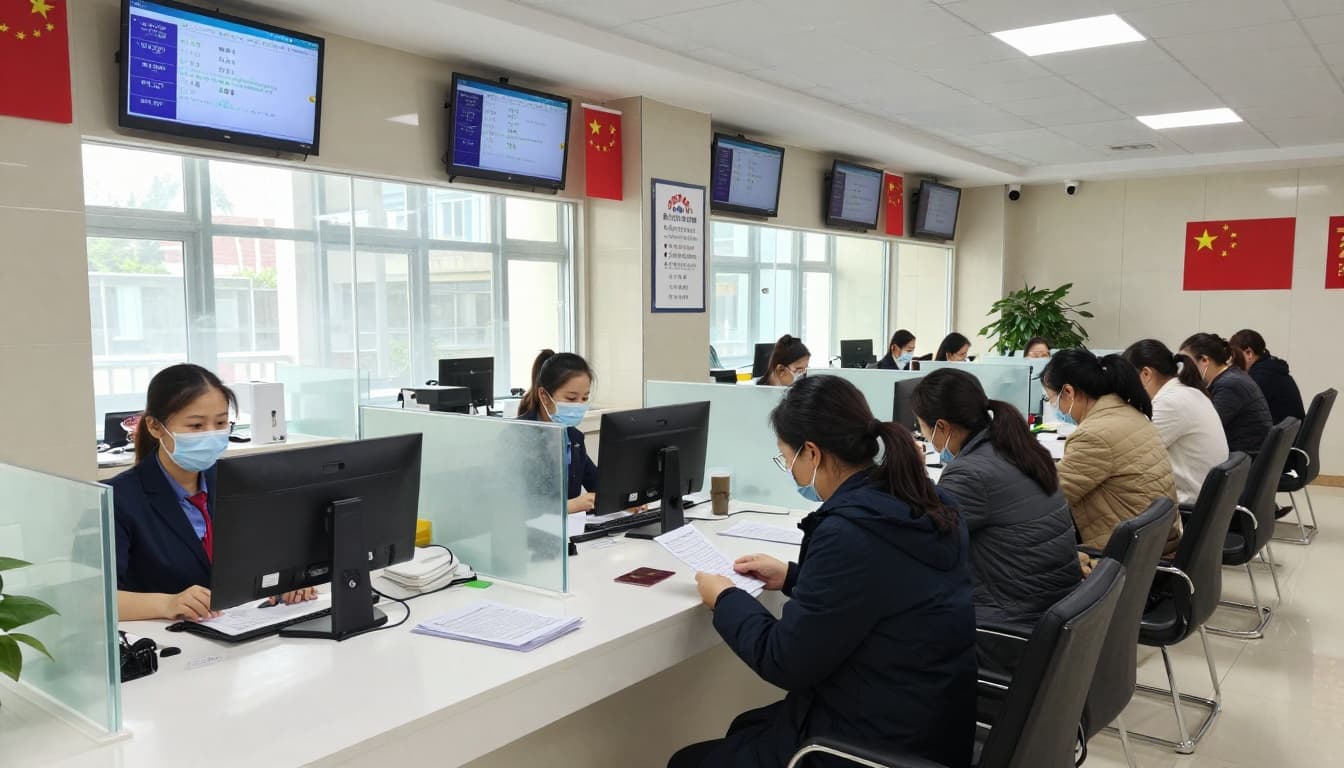 Chinese Visa Service Application Centre: How to Apply 2 Realistic wide-angle photo of a clean, modern Chinese Visa Application Service Centre interior with applicants submitting passports at counters, staff behind glass, digital queue screens, flags, signage, diverse people waiting, and bright natural light.