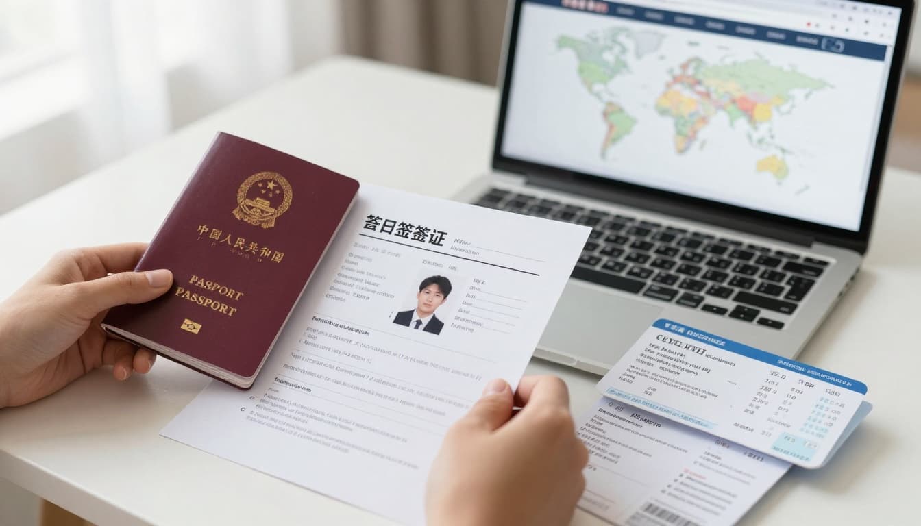 A traveler prepares documents for a Chinese visa application on a table, including an open passport, printed visa form, passport photo, flight tickets, and hotel bookings. In the background, a laptop displays the official Chinese visa website and a world map highlights China, captured in realistic photography style with soft natural light.