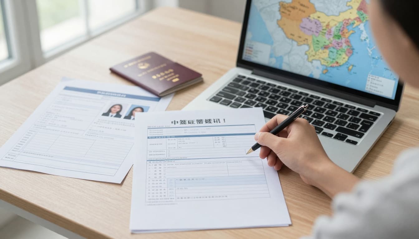 A detailed scene of a person sitting at a desk filling out a Chinese visa application form on a laptop, with passport, photos, and travel itinerary documents spread out nearby. The background features a world map highlighting China under soft natural lighting.