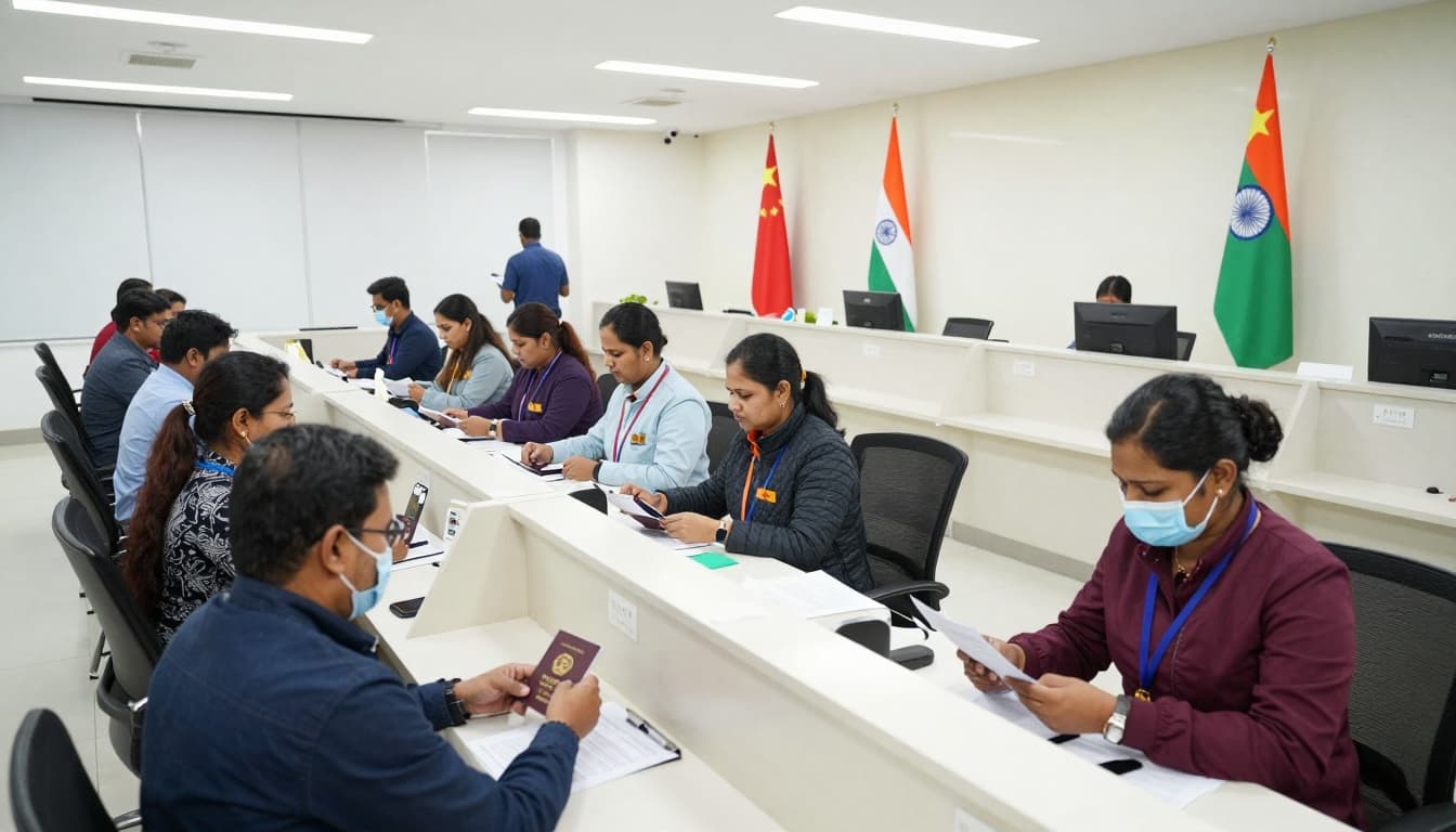 China Visa Services in Delhi Guide | CVASC, Agents, Costs 2 Modern interior of the Chinese Visa Application Service Center in New Delhi features counters for submitting passports and documents, with Indian applicants in queue and staff assisting in a clean, brightly lit office space adorned with Chinese and Indian flags.