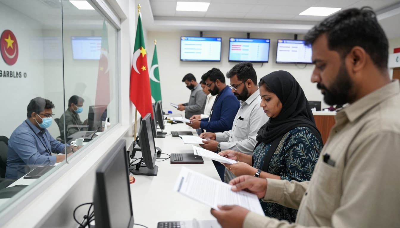 China Visa Services in Pakistan Guide: Visa-Free 30 Days 2 A crowded visa center in Pakistan where diverse applicants queue to submit passports and documents to officers behind glass windows in a modern office with Chinese and Pakistani flags.