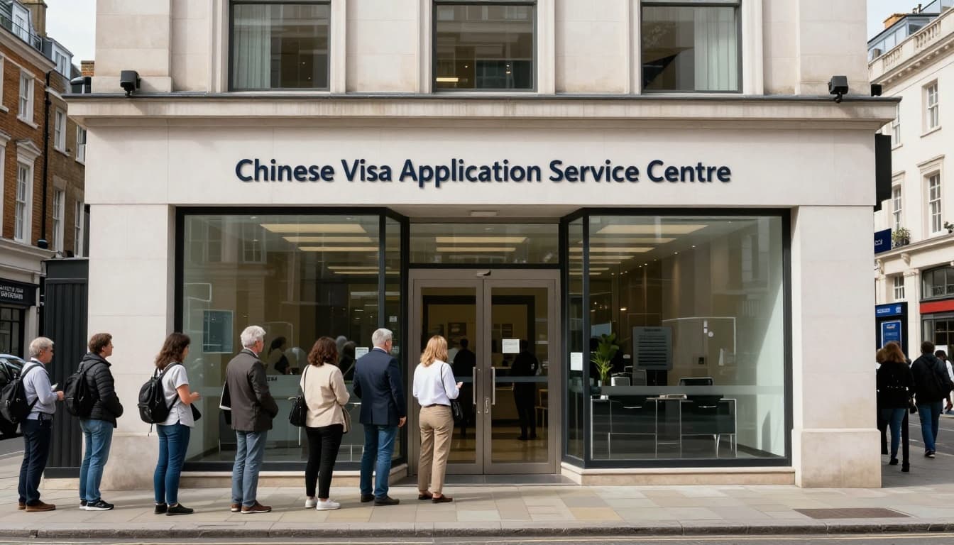 Chinese Visa Service London 2026 | CVASC Guide & Fees 2 Realistic photograph of the Chinese Visa Application Service Centre (CVASC) entrance at 12 Old Jewry in London, showing modern facade with signage, short queue on sunny day, central London street near Bank station.