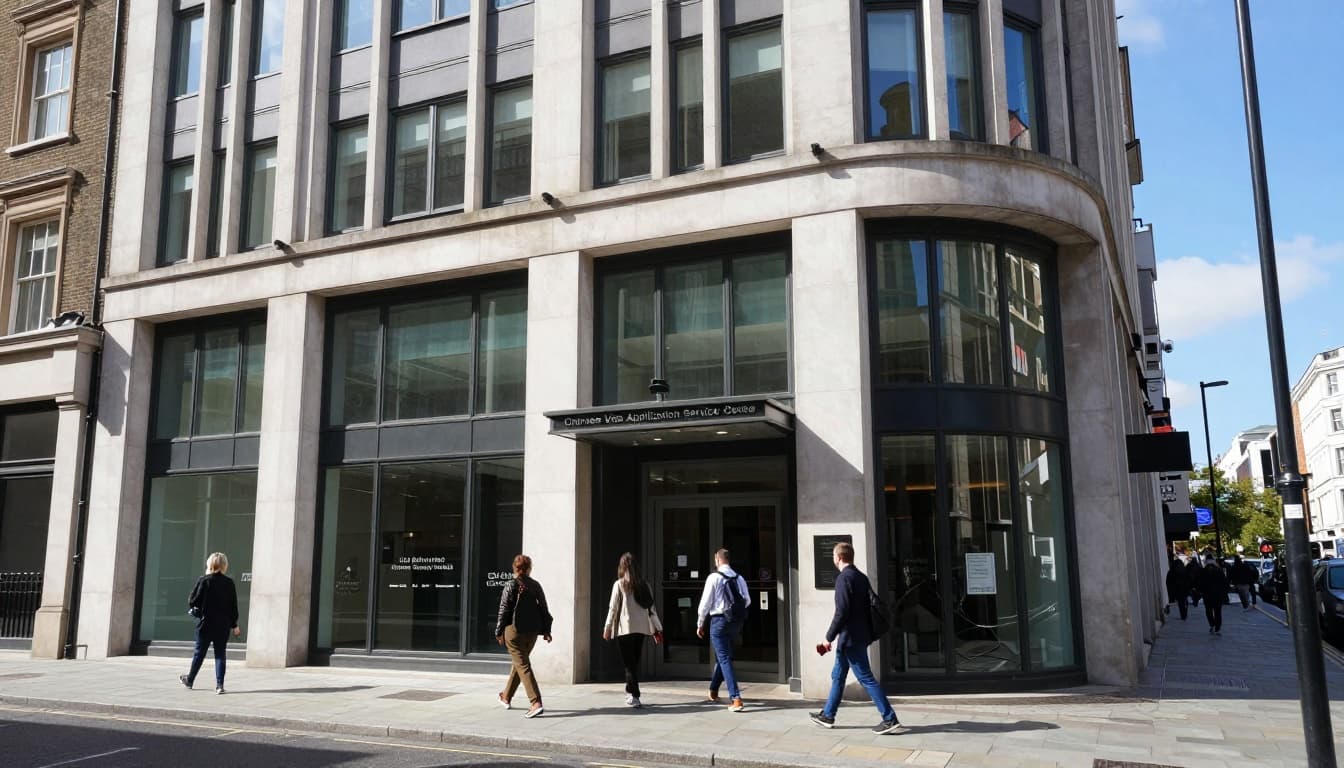 Chinese Visa Service Centre London: How to Apply Fastest 2 Exterior view of the Chinese Visa Application Service Centre in London at 12 Old Jewry, featuring a modern office building on a busy city street with people walking towards the entrance holding passports under bright daylight and blue sky.