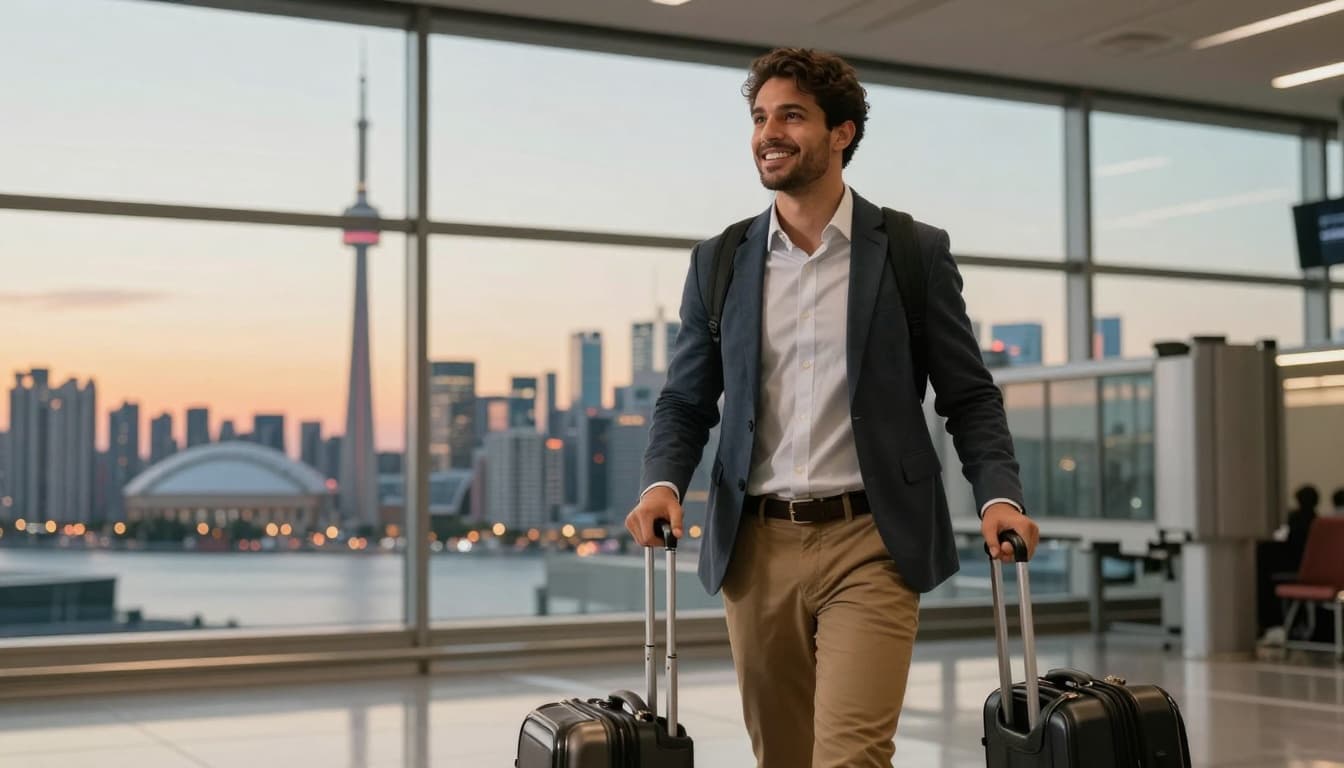 A confident Brazilian professional in his 30s, dressed in business casual, stands at an international airport departure gate with a suitcase, smiling with excitement as a sunset city skyline of Toronto or New York illuminates the background.
