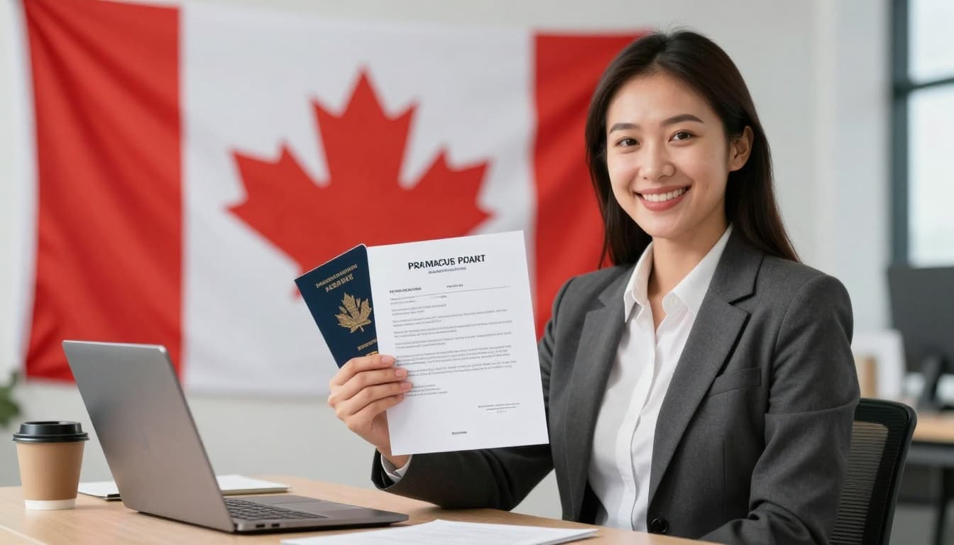 Francophone Mobility Work Permit Canada LMIA Exemption 2 A smiling professional Canadian office worker holds a work permit and passport confidently. Subtle French flag colors blend with Canadian maple leaf elements on a modern desk with laptop and coffee mug under natural daylight.