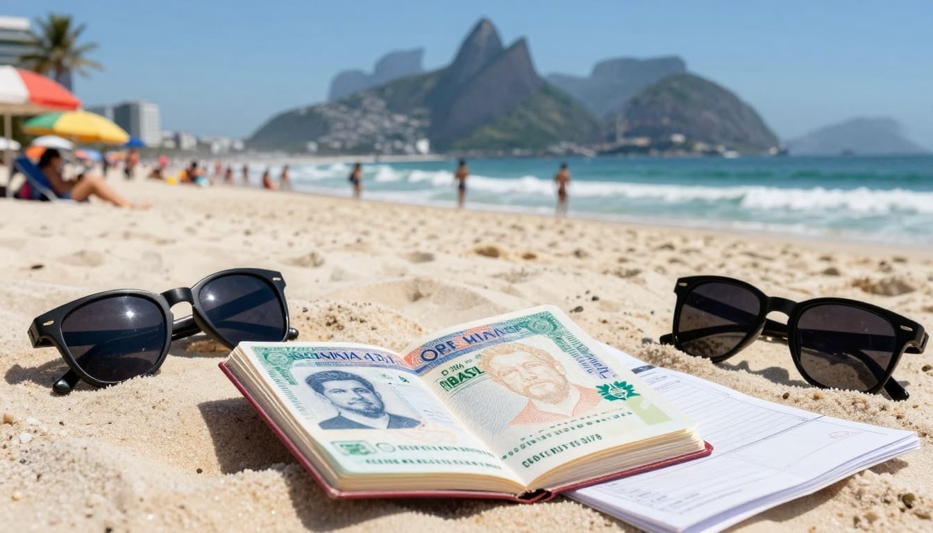 Obtain a Tourist Visa for Brazil | How to Get eVisa 2 Vibrant Copacabana beach scene in Rio de Janeiro with turquoise waves, palm trees, and sunbathers. Foreground features an open passport displaying Brazil tourist visa stamp on a sandy towel beside sunglasses and travel itinerary.