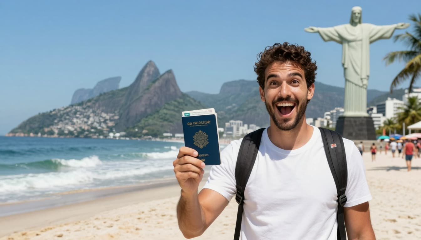 A vibrant landscape of a US citizen traveler standing excitedly on Copacabana beach in Rio de Janeiro, Brazil, holding a passport with a visible Brazil eVisa stamp, with Christ the Redeemer in the sunny background amid palm trees and ocean waves.