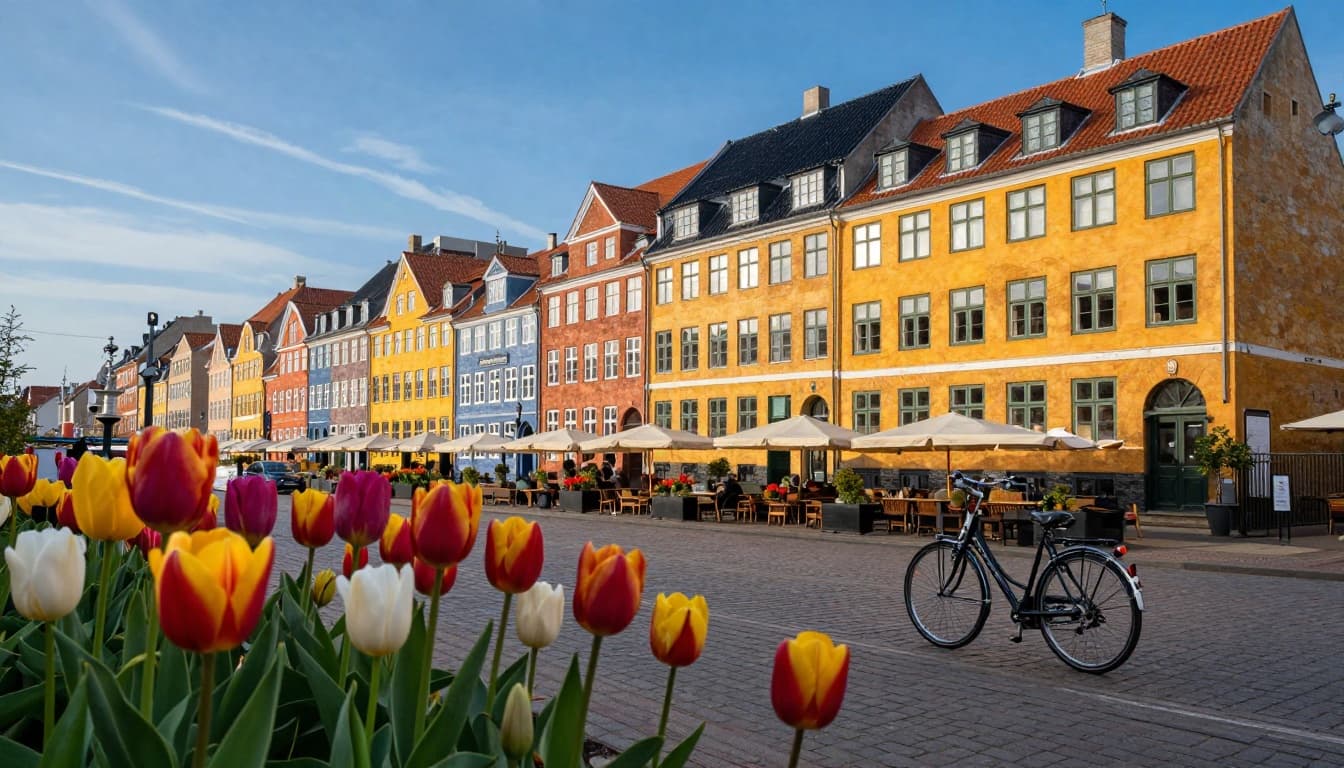 A vibrant landscape of Denmark featuring colorful houses in Copenhagen, tulips in bloom, a bicycle on a cobblestone street, and a clear blue sky with warm hygge lighting.
