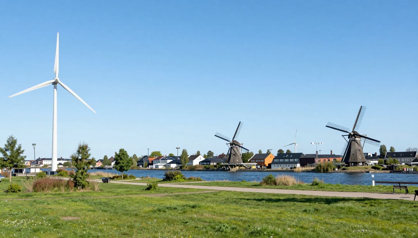 A peaceful summer day view of Copenhagen harbor featuring windmills and lush green parks in the foreground under a clear blue sky, symbolizing Denmark's green tech innovation.
