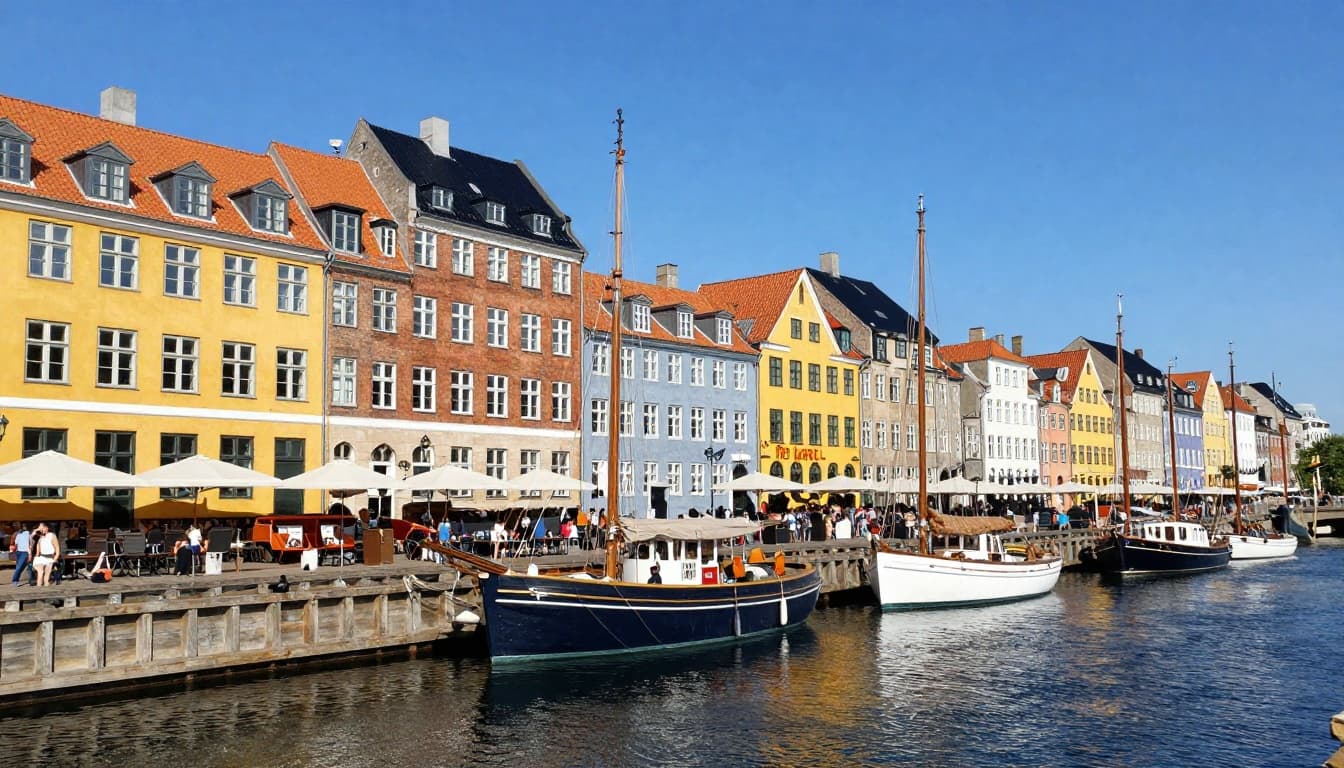 Vibrant summer day view of Nyhavn canal in Copenhagen, Denmark, showcasing colorful waterfront buildings, boats in the water, tourists walking, and a clear blue sky in realistic high-detail photography.
