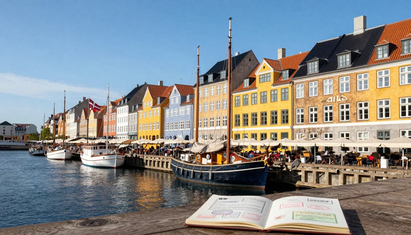 A scenic view of Copenhagen's colorful Nyhavn harbor with canal boats and historic buildings in the foreground under a clear blue sky. In the background, subtle elements like a Danish flag waving gently and an open passport with visa stamps on a wooden table nearby.