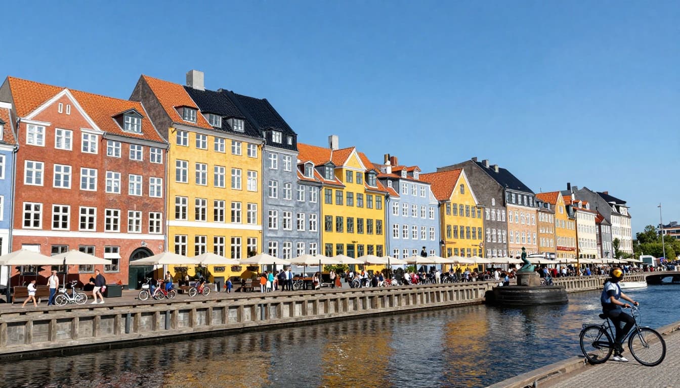 A vibrant summer landscape of Denmark's Copenhagen Nyhavn harbor with colorful houses, bicycles, blue sky, canal reflections, and tourists in the foreground. Background features iconic landmarks like the Little Mermaid statue, distant windmills, and green fields in a serene, photorealistic style.