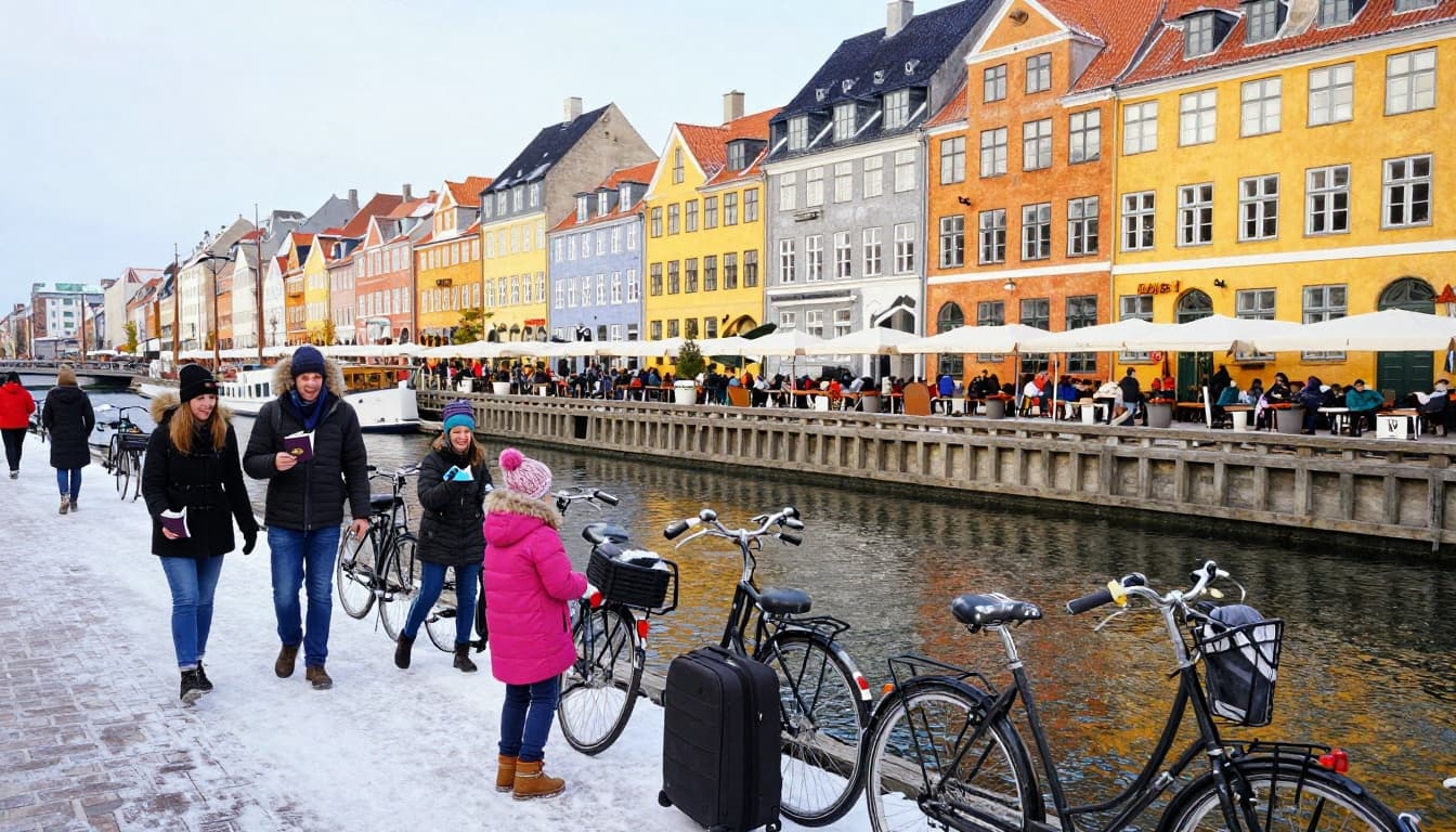Scenic winter view of Copenhagen's colorful Nyhavn canal with light snow, bicycles, historic buildings, and tourists enjoying hygge. Family with luggage near bikes in foreground, vibrant cozy mood.