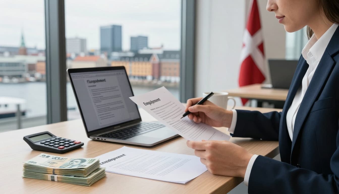 A modern Copenhagen office workspace with large windows overlooking the city skyline and harbor, featuring a desk with laptop, employment contract papers, stacked Danish krona banknotes, salary calculator, coffee mug, and subtle Danish flag. A confident professional reviews documents in the foreground under bright natural daylight.