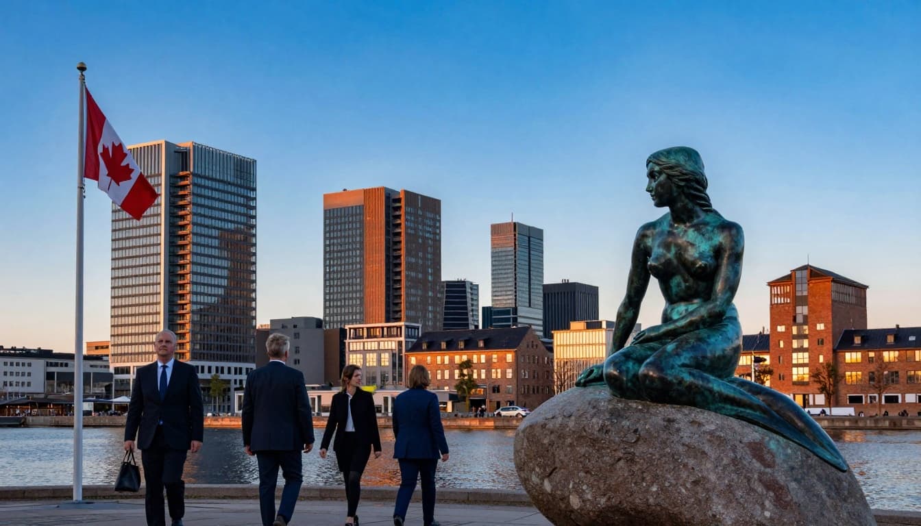 A vibrant landscape of Copenhagen's modern skyline at dusk, featuring the Little Mermaid statue in the foreground, professionals in business attire heading to an office, and a subtle Canadian maple leaf flag.
