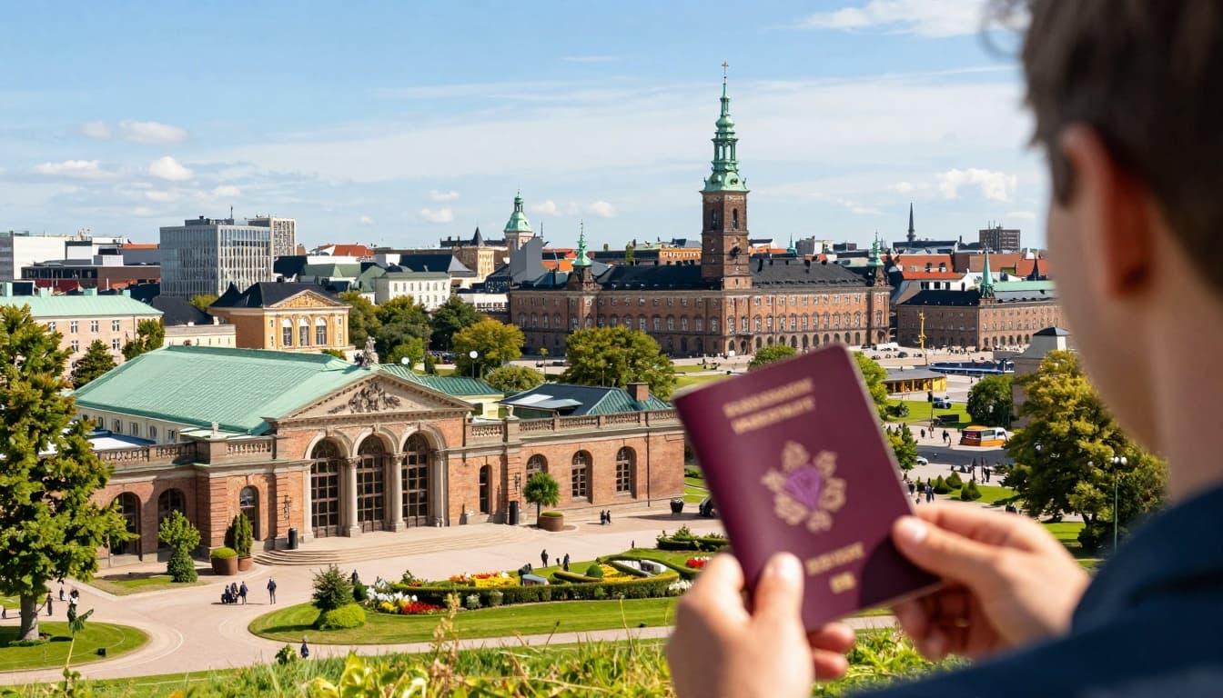 Photorealistic scenic view of Copenhagen, Denmark, showcasing Tivoli Gardens and Christiansborg Palace under sunny skies. A person holds a passport with a subtle visa approval stamp in the foreground, evoking an inviting travel mood.