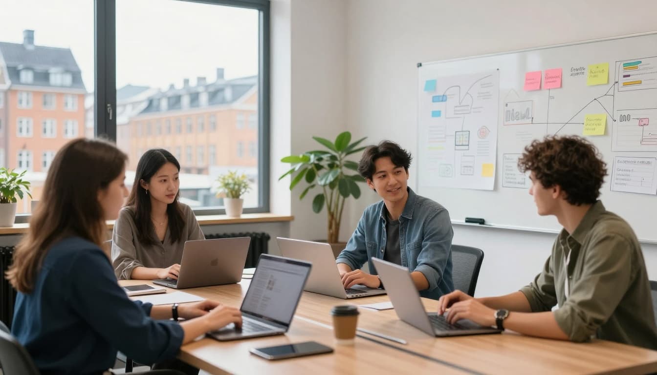 A modern startup office in Copenhagen Denmark with young entrepreneurs collaborating around a table with laptops and whiteboards filled with innovative ideas, bright natural light from large windows overlooking the Danish city skyline.